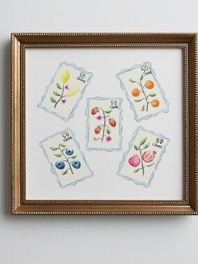 5 Fruit Stamp Watercolor Fine Art Print. Kitchen Wall Art. 8x8 inches